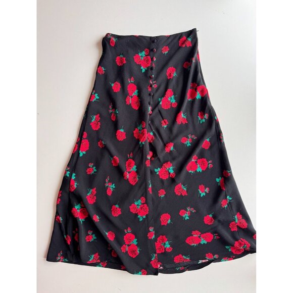 ZARA Black Rose Print Button Front A-Line Midi Slip Skirt, Size XS - Picture 7 of 14